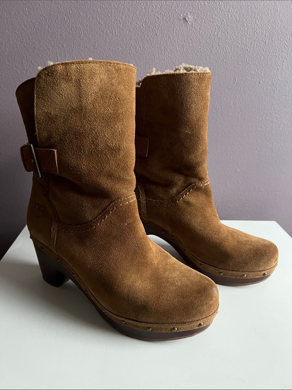 UGG Australia Amoret Suede Shearling Clog Boots Chestnut Heeled Size 6